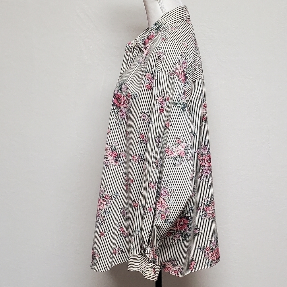 Casey & Max Vintage 80s Mixed Media Floral Striped Hi-low Button Up Blouse L - Picture 8 of 15